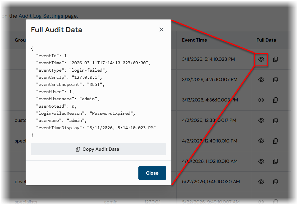 A red square around the View button in an audit log table row with lines indicating the position of the resulting Full Audit Data window.